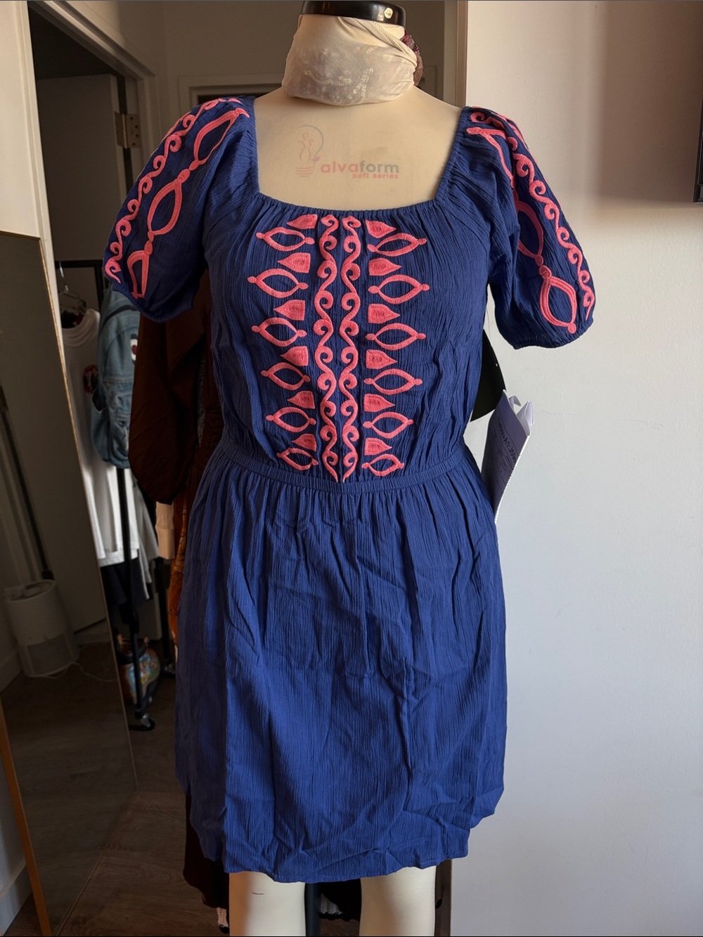 Talbots Navy Blue Midi Dress with Pink Embroidery